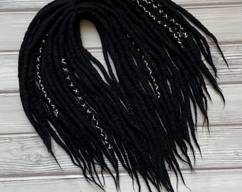 Wool dreadlocks, de dreads extensions, black dreadlocks, extra soft, lenght 18 in (35 cm), 22 in (56 cm), 27 in (70 cm)