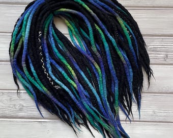 Wool dreadlocks, de dreads extensions, black blue green turquoise locs, extra soft, lenght 18 in (35 cm), 22 in (56 cm), 27 in (70 cm)