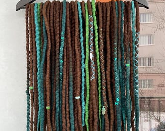 Wool dreadlocks, brown green de dreads, loc extensions, double ended dreads