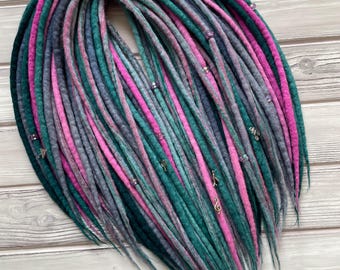 Wool dreadlocks, de dreads, blue and pink loc extensions