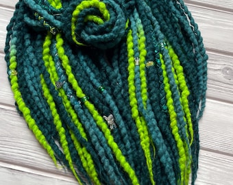 Rastas de lana verde, extensiones de rastas color verde azulado, rastas de cabello de hada verde, rastas suaves