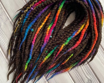Brown Wool Dreads Set | DE Dreads | Rainbow Dreadlock Extensions | Boho Festival Hair