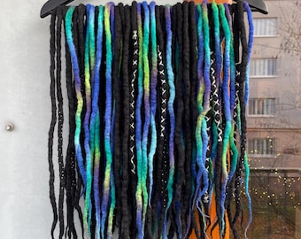 Wool dreads, black wool dreadlocks, blue green black de dreads, loc extensions