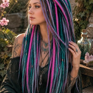May include: Long synthetic dreadlocks in vibrant shades of magenta, teal, and lavender. The hair extensions feature a textured, matted appearance with small metallic beads woven throughout. The style is worn loose, cascading down the shoulders.