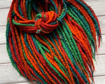 Wool dreadlocks, orange green dreadlock extensions, de boho dreads set