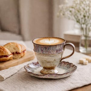 Puede incluir: Un juego de taza y platillo de café de cerámica con un diseño de arte latte en forma de corazón. La taza tiene un asa y se apoya en un platillo a juego. El juego está sobre una superficie de color neutro, con pasteles y flores en el fondo.