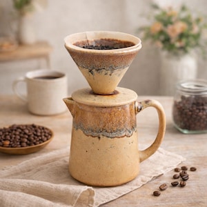 May include: A ceramic coffee pour-over set with a tan and brown glaze. The set includes a carafe, lid, and a cone-shaped filter holder with a paper filter. Coffee beans and a mug are in the background. The set is on a tan linen cloth.