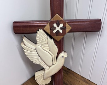 Hand crafted 3D Intarsia Wood Art Cross with Dove Wall  Religious Peace Faith