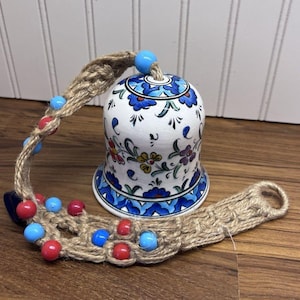 Vintage Pottery Hanging Bell Macrame Beaded Turkey Folk Art Studio Signed
