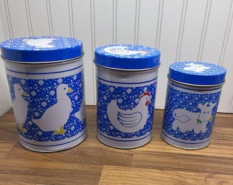 Nesting Tin Set Goose Duck Chicken Cow 3 Vintage 80s Kitchen grandmacore