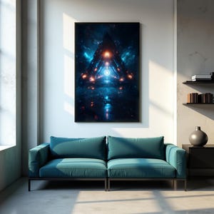 Könnte beinhalten: Ein türkisfarbenes Zweisitzer-Sofa mit schwarzem Metallrahmen steht unter einem gerahmten abstrakten Kunstdruck. Das Kunstwerk zeigt ein dunkelblaues und orangefarbenes geometrisches Design. Ein schwarzer Beistelltisch und Regale mit Büchern sind sichtbar.
