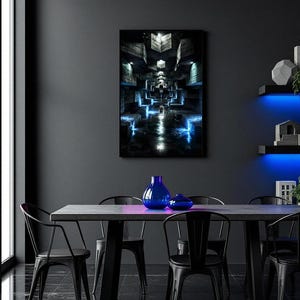 Op de afbeelding: Een moderne eetkamer met een donkergrijs kleurenschema. Een rechthoekige tafel met zwarte stoelen staat voor een muur met een ingelijst abstract kunstwerk. Twee blauwe vazen staan op de tafel. De kamer heeft een strak, eigentijds ontwerp.