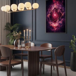 May include: A dining room scene featuring a dark wood table and chairs, a modern chandelier with globe lights, and a framed abstract art piece with shades of purple and red. The room has a dark blue wall and a gray rug.
