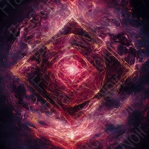Ruby Tesserakt — Ciemnoczerwony wydruk świętej geometrii, abstrakcyjna sztuka ścienna z czerwonym diamentem, plakat z magentą mgławicą