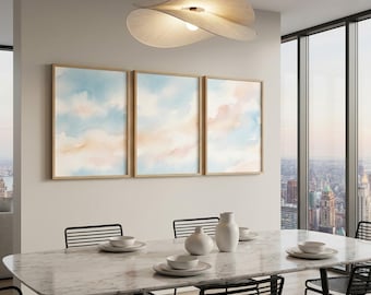 Sky Blue Dreamy Sky Triptych Wall Art, Minimalist Watercolor Landscape, Scandinavian Design, (Digital Download)