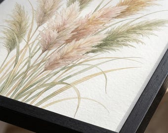 Pampas Framed Botanical Print, Scandinavian Watercolor Wall Art, Minimalist Botanical Decor for Living Room