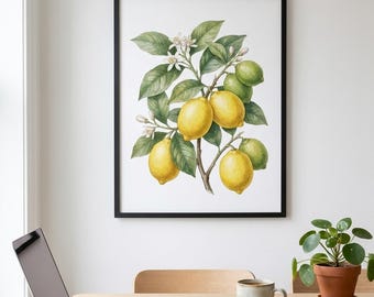 Zitrone Gerahmter Botanischer Druck, Skandinavische Aquarell Wandkunst, Minimalistische Botanische Kunst, Küchen Dekoration, fertig zum Aufhängen