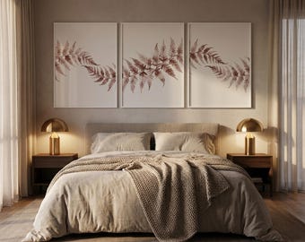 Terracotta Fern Triptych Wall Art, Minimalist Botanical Scandinavian Design, Earthy Tone Print, (Digital Download)