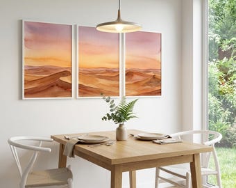 Warm Sunset Desert Sunset Triptych Wall Art, Minimalist Watercolor Landscape, Scandinavian Design, (Digital Download)
