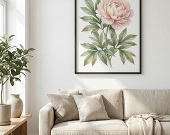 Peony Framed Botanical Print, Minimalist Scandinavian Watercolor Wall Art, Living Room Bedroom Decor