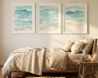 Coastal Ocean Waves Triptych Wall Art, Minimalist Watercolor Landscape, Scandinavian Design, (Digital Download)
