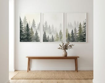 Forest Green Misty Forest Triptych Wall Art, Minimalist Watercolor Landscape, Scandinavian Design, (Digital Download)