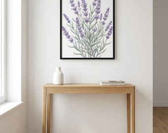 Lavender Framed Botanical Print, Minimalist Scandinavian Watercolor Wall Art, Nature Inspired Living Room Decor