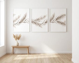 Beige Pampas Triptych Wall Art, Serene Minimalist Botanical Scandinavian Design, (Digital Download)