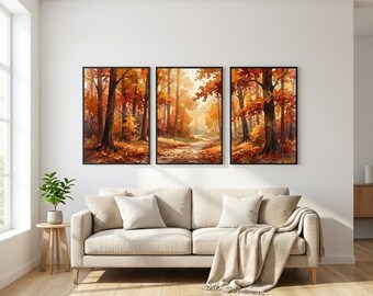 Autumn Autumn Forest Triptych Wall Art, Minimalist Watercolor Landscape, Scandinavian Design, Digital Download