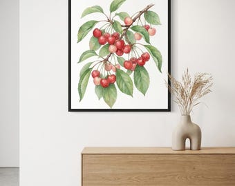 Cherry Framed Botanical Print, Scandinavian Minimalist Watercolor Wall Art, Kitchen Dining Room Decor