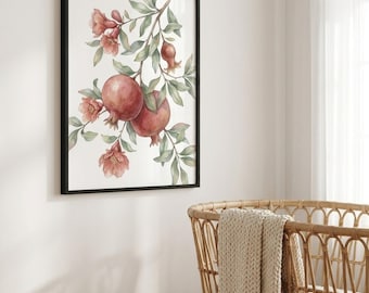 Pomegranate Framed Botanical Print, Minimalist Scandinavian Watercolor Wall Art, Living Room Decor, Ready to Hang Nature Art