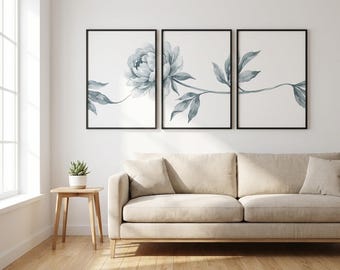 Dusty Blue Peony Triptych Wall Art, Minimalist Botanical Scandinavian Print (Digital Download)