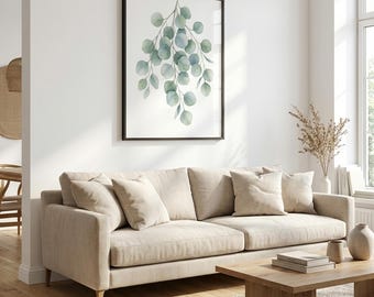 Eucalyptus Framed Botanical Print, Scandinavian Watercolor Wall Art, Minimalist Plant Decor for Living Room