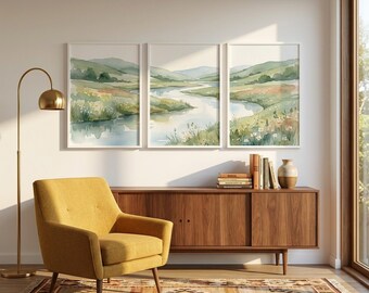 Natural River Valley Triptych Wall Art, Minimalist Scandinavian Watercolor Landscape, Serene Printable (Digital Download)