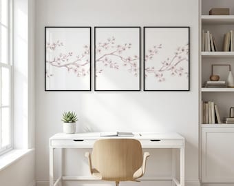 Blush Pink Cherry Blossom Triptych Wall Art, Minimalist Botanical Print, Scandinavian Design, (Digital Download)