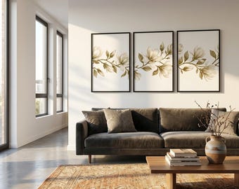Gold Magnolia Triptych Wall Art, Minimalist Botanical Print, Scandinavian Decor, (Digital Download)