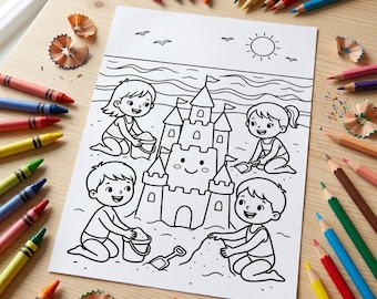 Summer Coloring Pages for Kids, Beach Ocean Sunshine, Printable PDF (A4 + US Letter)