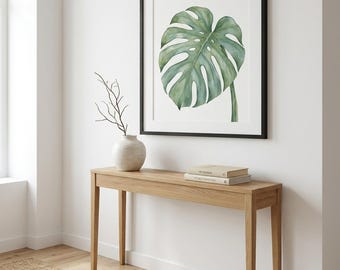 Framed Monstera Botanical Print, Scandinavian Watercolor Wall Art, Minimalist Decor