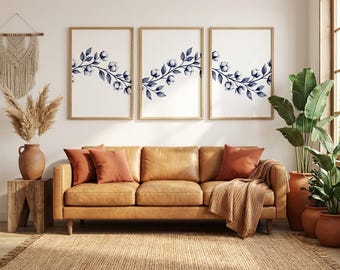 Navy Cotton Triptych Wall Art, Minimalist Botanical, Scandinavian Design, Serene Home Decor (Digital Download)