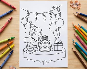 Birthday Coloring Pages for Kids, Party Cake Balloons, Printable PDF (A4 + US Letter)