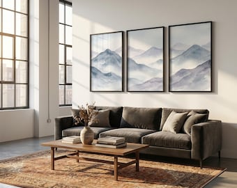 Watercolor Mountain Landscape Triptych Wall Art, Minimalist Scandinavian Design, Serene Home Decor, (Digital Download)