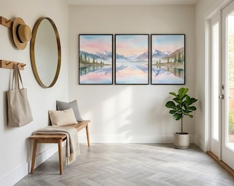 Dawn Mountain Lake Triptych Wall Art, Minimalist Watercolor Landscape, Scandinavian Design Decor (Digital Download)