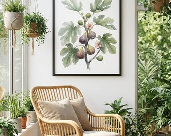 Fig Framed Botanical Print, Scandinavian Watercolor Wall Art, Minimalist Home Decor