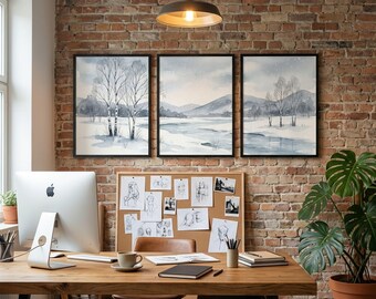 Winter Triptych Wall Art, Minimalist Watercolor Landscape, Scandinavian Design (Digital Download)