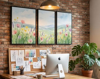 Spring Spring Meadow Triptych Wall Art, Minimalist Watercolor Landscape, Scandinavian Design, (Digital Download)