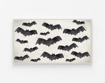 May include: A white background with a pattern of black bats. The bats are of various sizes and are arranged in a random pattern.
