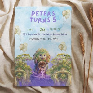 May include: A birthday invitation with the text "PETERS TURNS 5" in purple. The invitation includes the date, time, and location. The design features cartoon characters and balloons, with a light blue and purple watercolor background.