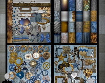 Steampunk Blue Digital Scrapbook Kit jpg, transparent png