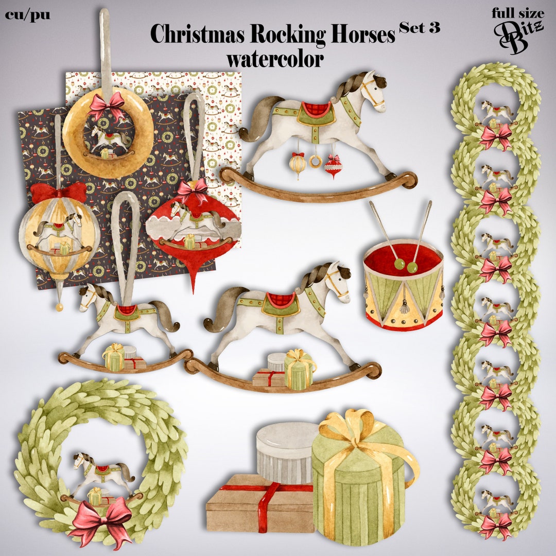Watercolor Christmas Rocking Horses Digital Scrapbook Kit Png & Jpg - Etsy