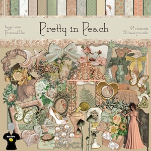 Puede incluir: Un collage digital de elementos en color melocotón, verde y dorado, incluyendo flores, mariposas, pájaros y una mujer con un vestido melocotón. El texto "Pretty in Peach" está en la parte superior de la imagen. El texto "97 elementos 30 fondos" está en la parte superior derecha de la imagen.